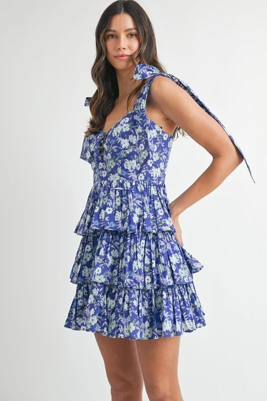 MABLE Floral Print Shoulder Tie Layered Mini Dress - Blushé Belle