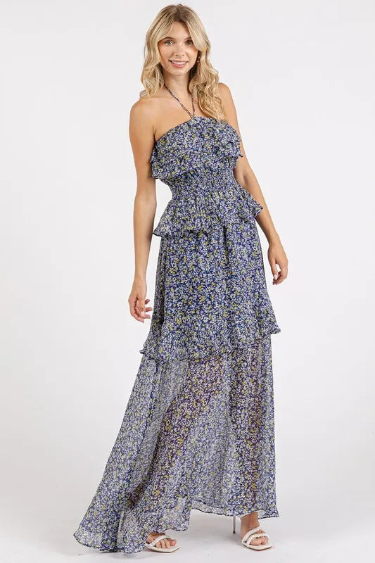 Mittoshop Ruffled Smocked Floral Halter Neck Maxi Dress - Blushé Belle