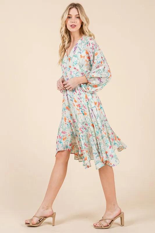 Lime 'N' Chili Floral Cinched Waist Balloon Sleeve V-Neck Dress - Blushé Belle