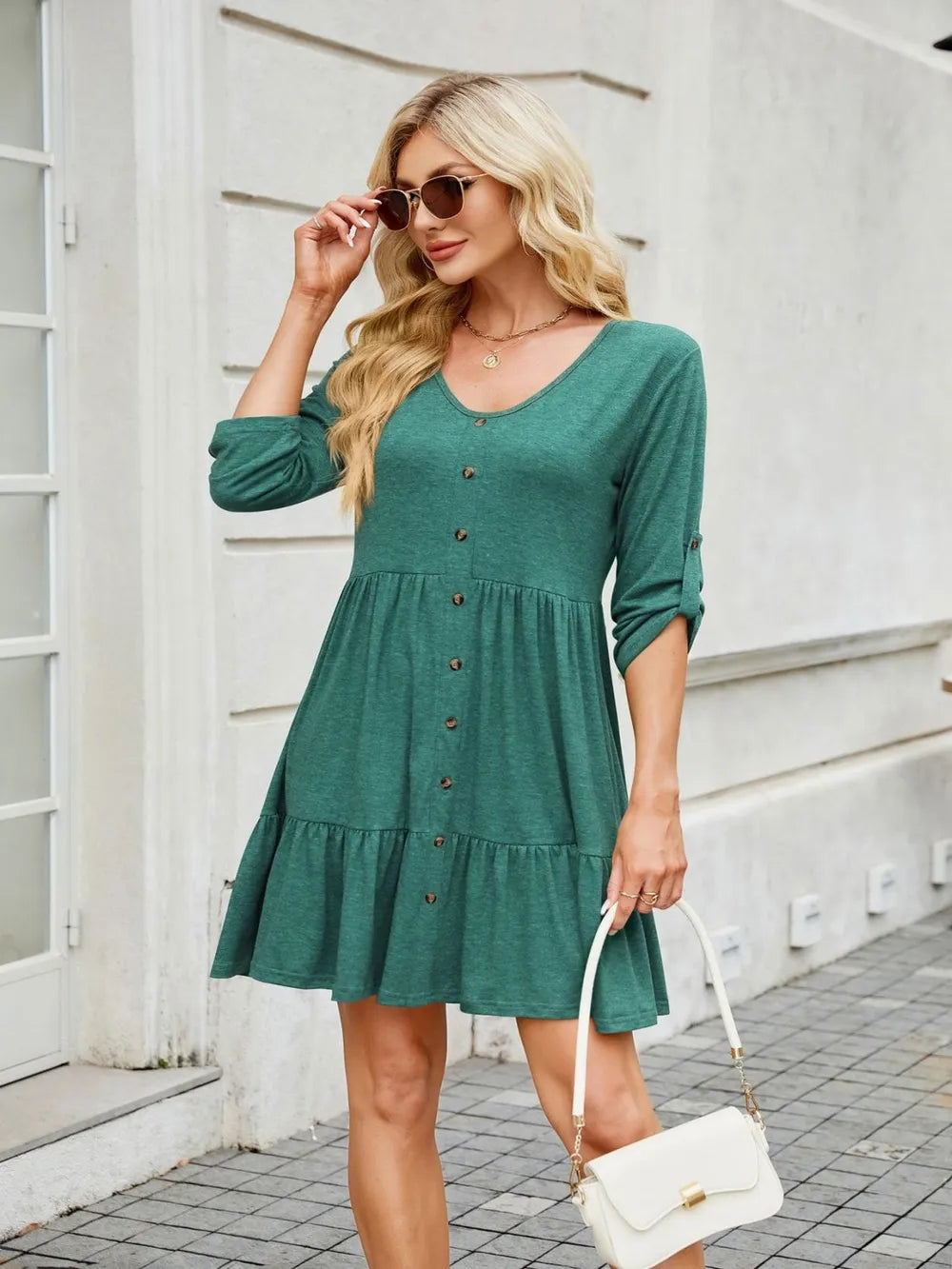 Tiered Ruched V-Neck Mini Dress - Blushé Belle