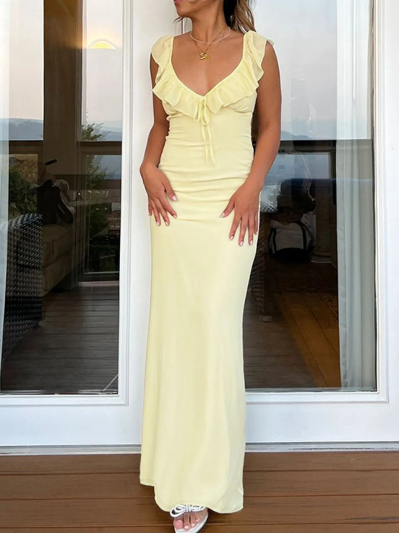 Ruffled V-Neck Sleeveless Maxi Dress - Blushé Belle