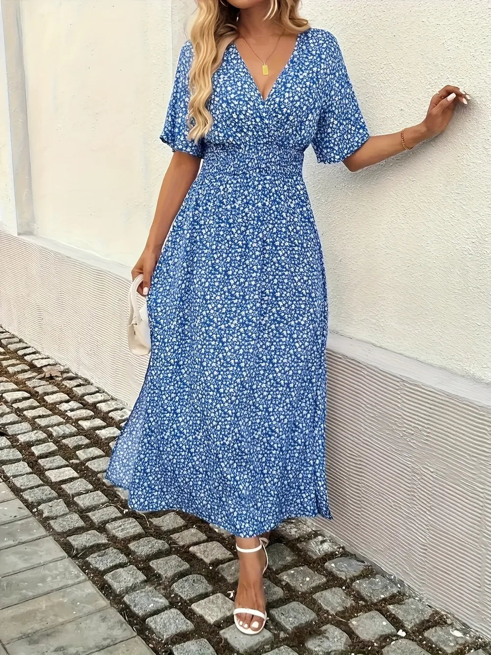 Slit Ditsy Floral Surplice Short Sleeve Maxi Dress - Blushé Belle