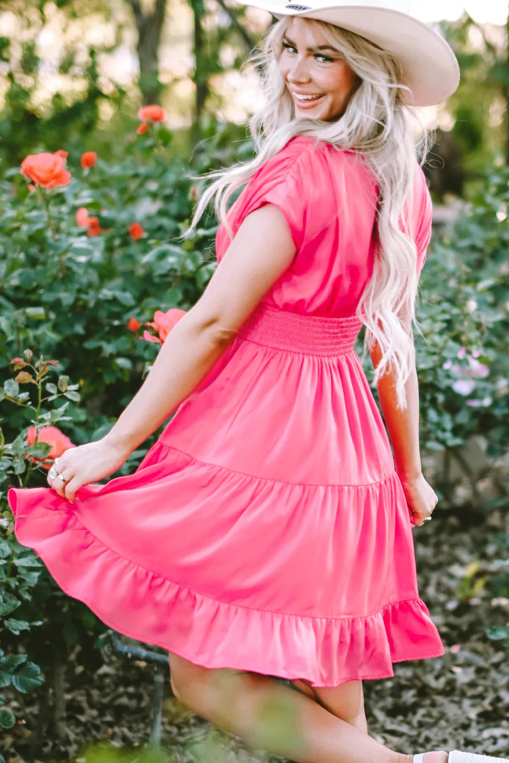 Smocked V-Neck Cap Sleeve Dress - Blushé Belle