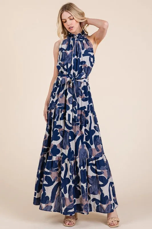 Lime 'N' Chili Abstract Halter Neck Tie-Waist Tiered Maxi Dress - Blushé Belle
