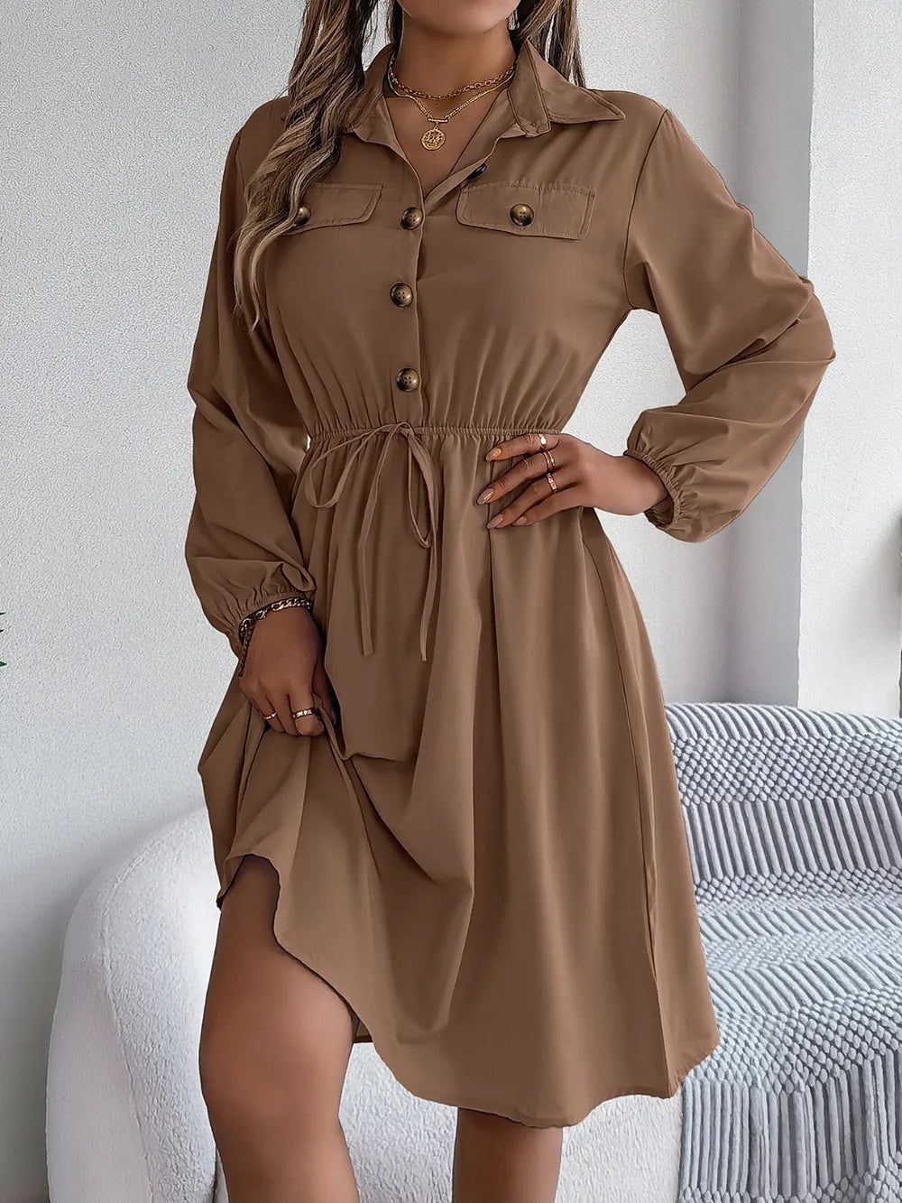 Collared Neck Long Sleeve Dress with Pockets - Blushé Belle