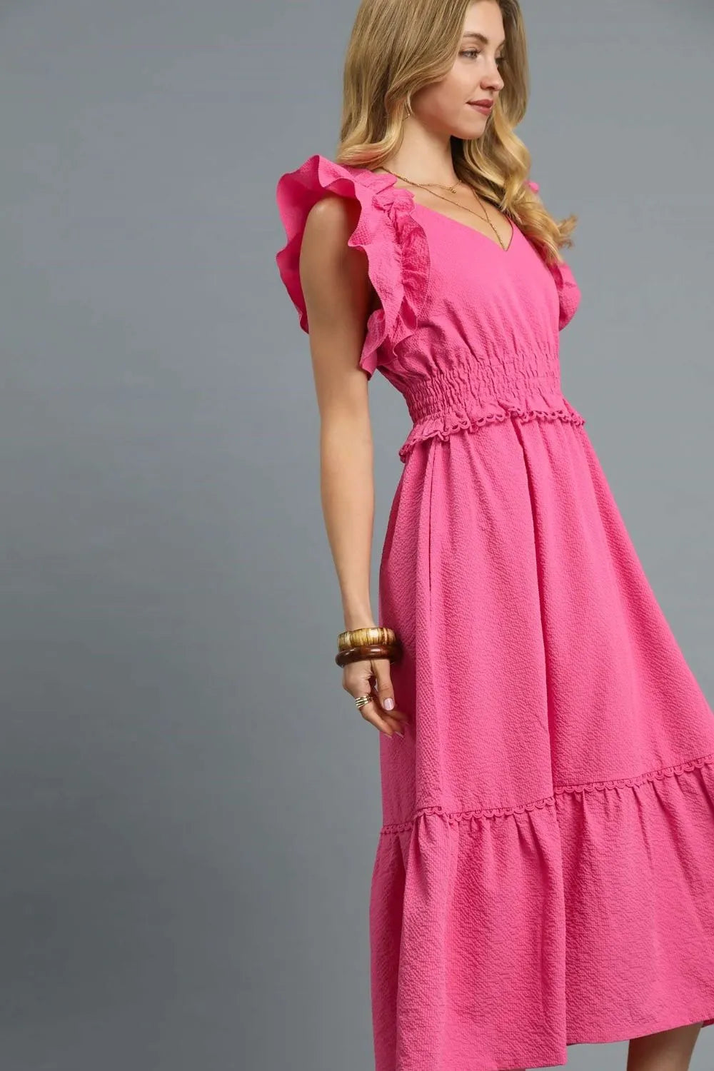 Umgee V-Neck Ruffled Cap Sleeve Midi Dress - Blushé Belle