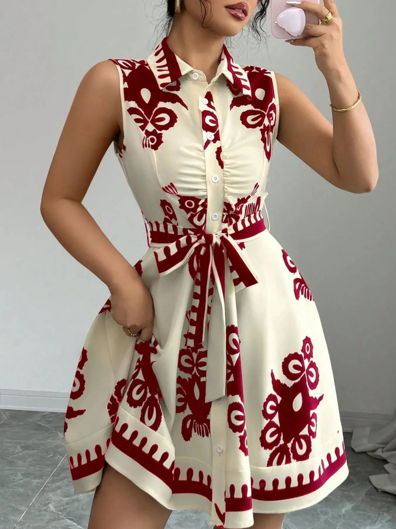 Printed Sleeveless Tie Waist Mini Dress - Blushé Belle