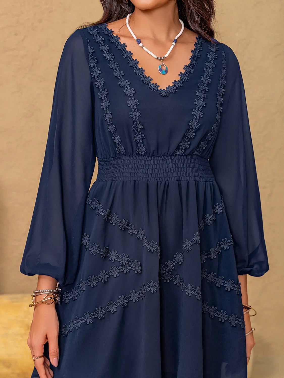 Lace Detail V-Neck Balloon Sleeve Mini Dress - Blushé Belle