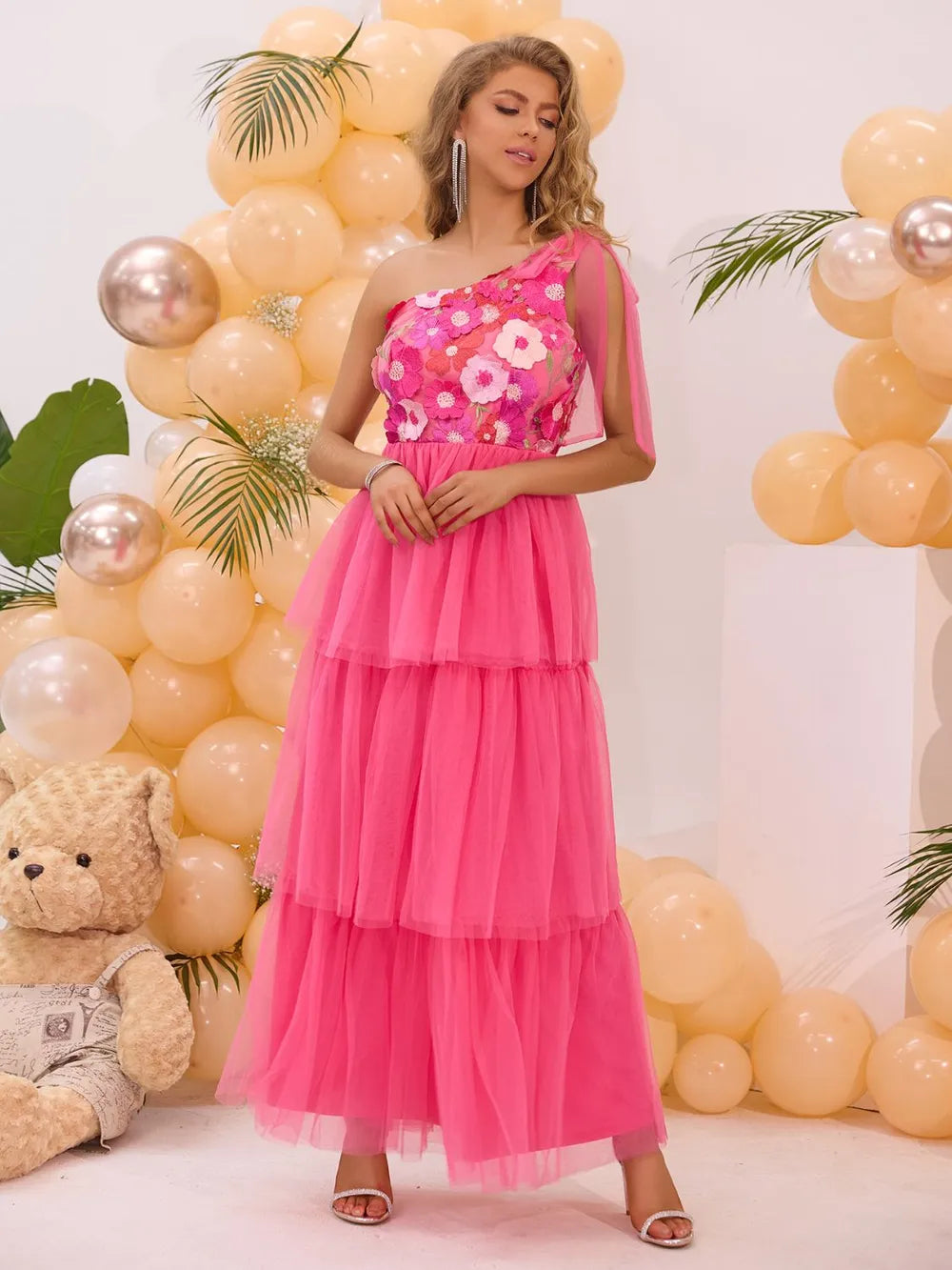 Embroidered Layered Single Shoulder Midi Dress - Blushé Belle