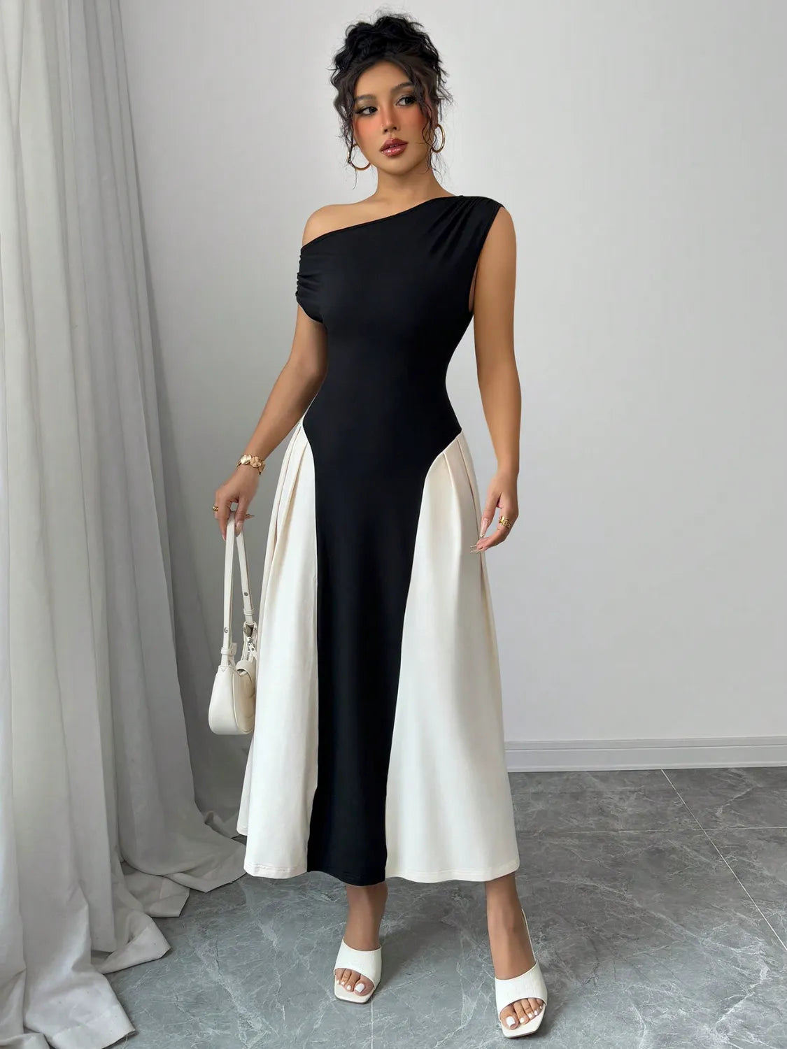 Contrast Single Shoulder Midi Dress - Blushé Belle