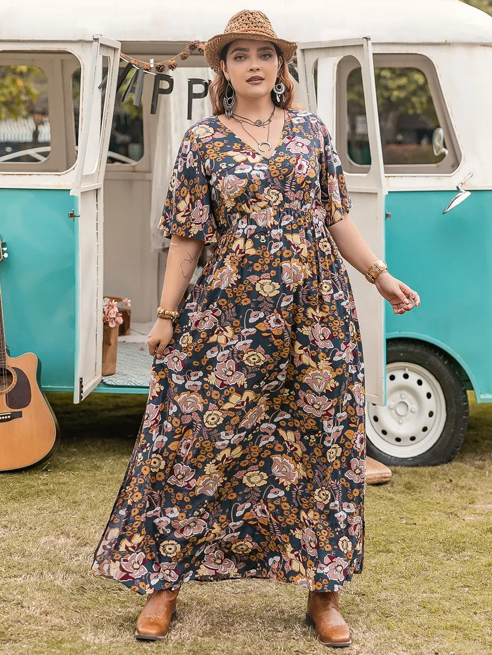 Floral V-Neck Short Sleeve Slit Dress - Blushé Belle