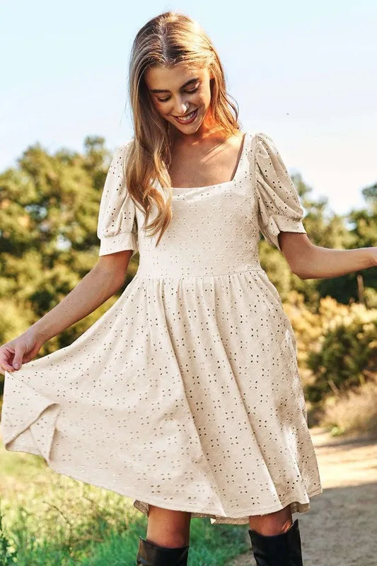 Davi & Dani Eyelet Baby Doll Romantic Square Neck Dress - Blushé Belle