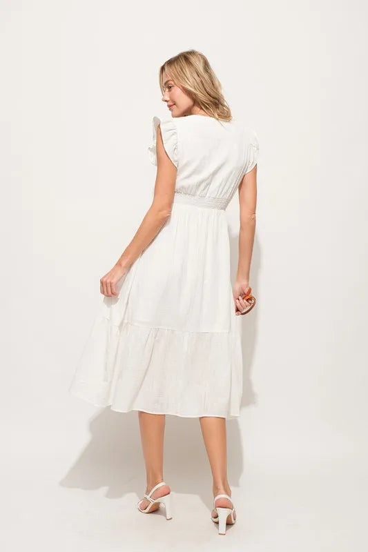 And The Why Ruffle Sleeve Front Smocked Tiered Midi Dress - Blushé Belle