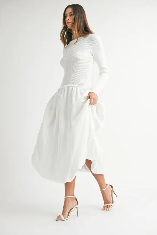 MABLE Ribbed Poplin Mix Midi Sweater Dress - Blushé Belle