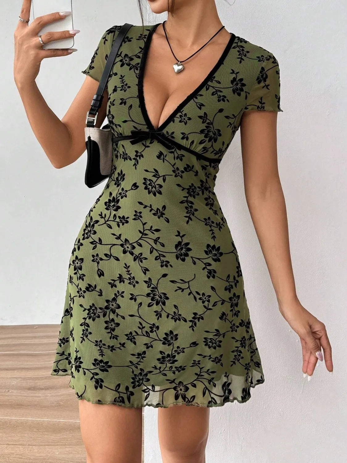 Printed V-Neck Short Sleeve Mini Dress - Blushé Belle