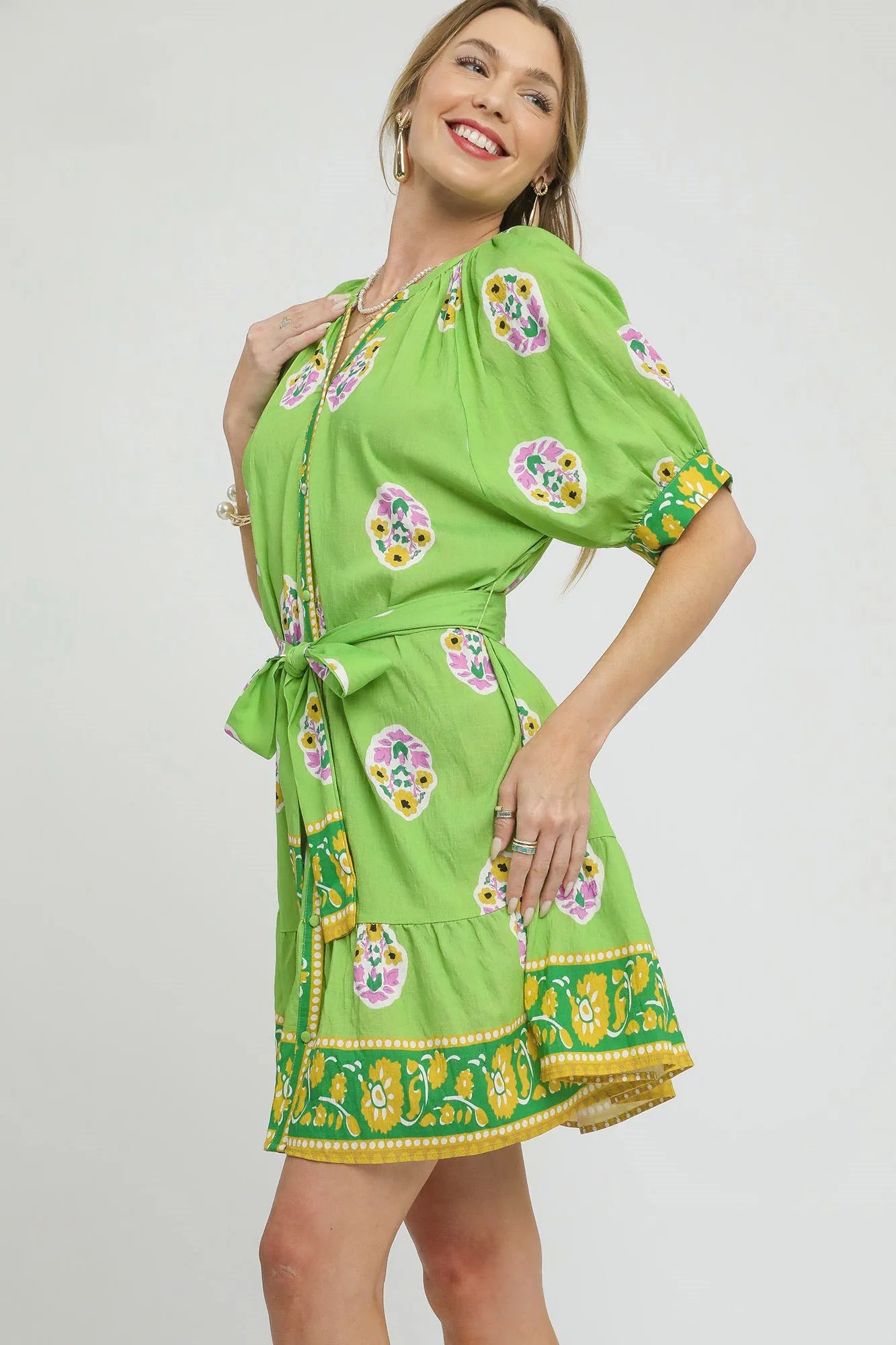 Umgee Floral Print Tie Waist Short Sleeve Dress - Blushé Belle