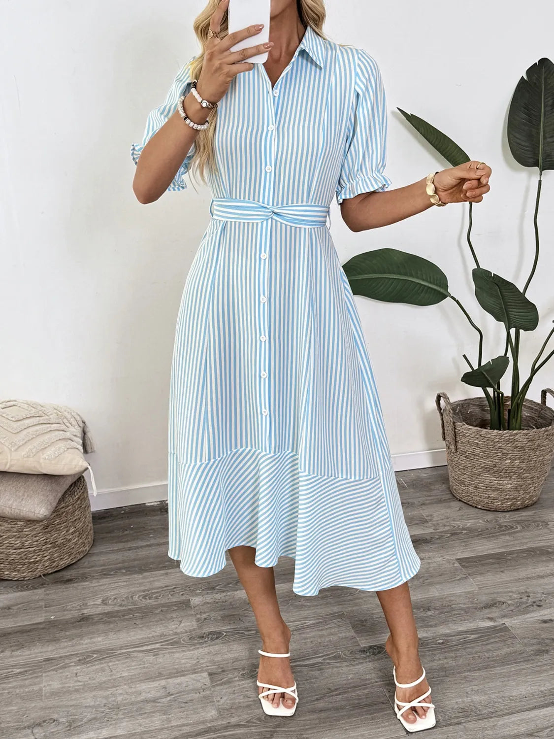 Striped Button-Down Midi Shirt Dress with Ruffle Sleeves - Blushé Belle