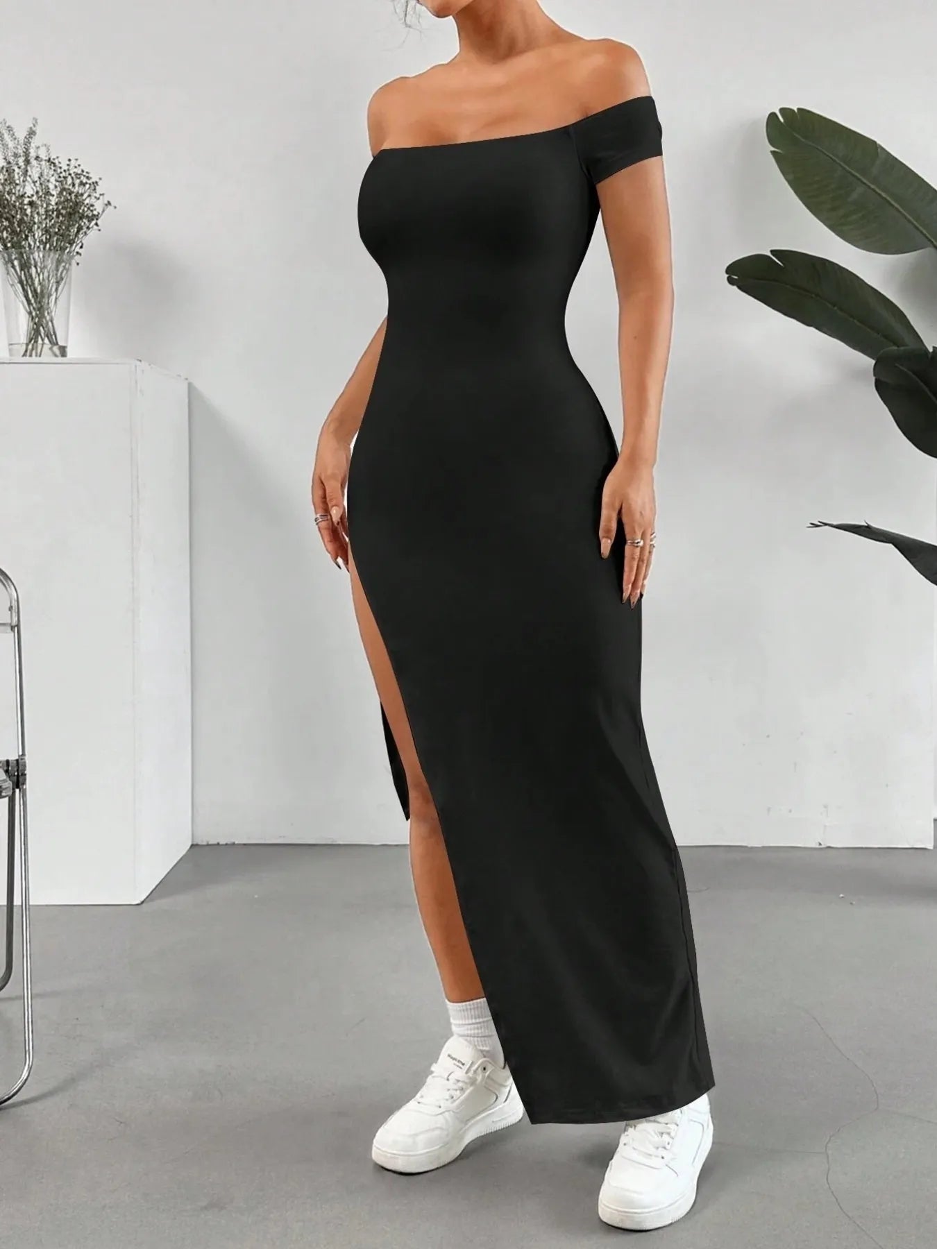 Off-Shoulder High Slit Bodycon Maxi Dress - Blushé Belle