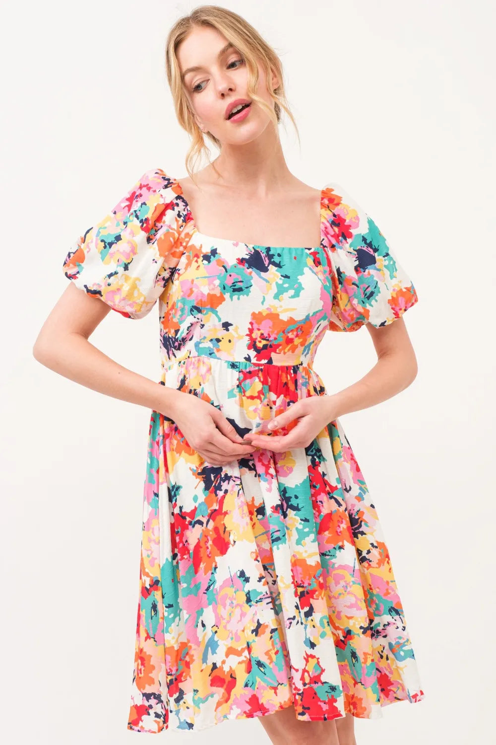 And The Why Square Neck Puff Sleeve Floral Dress - Blushé Belle