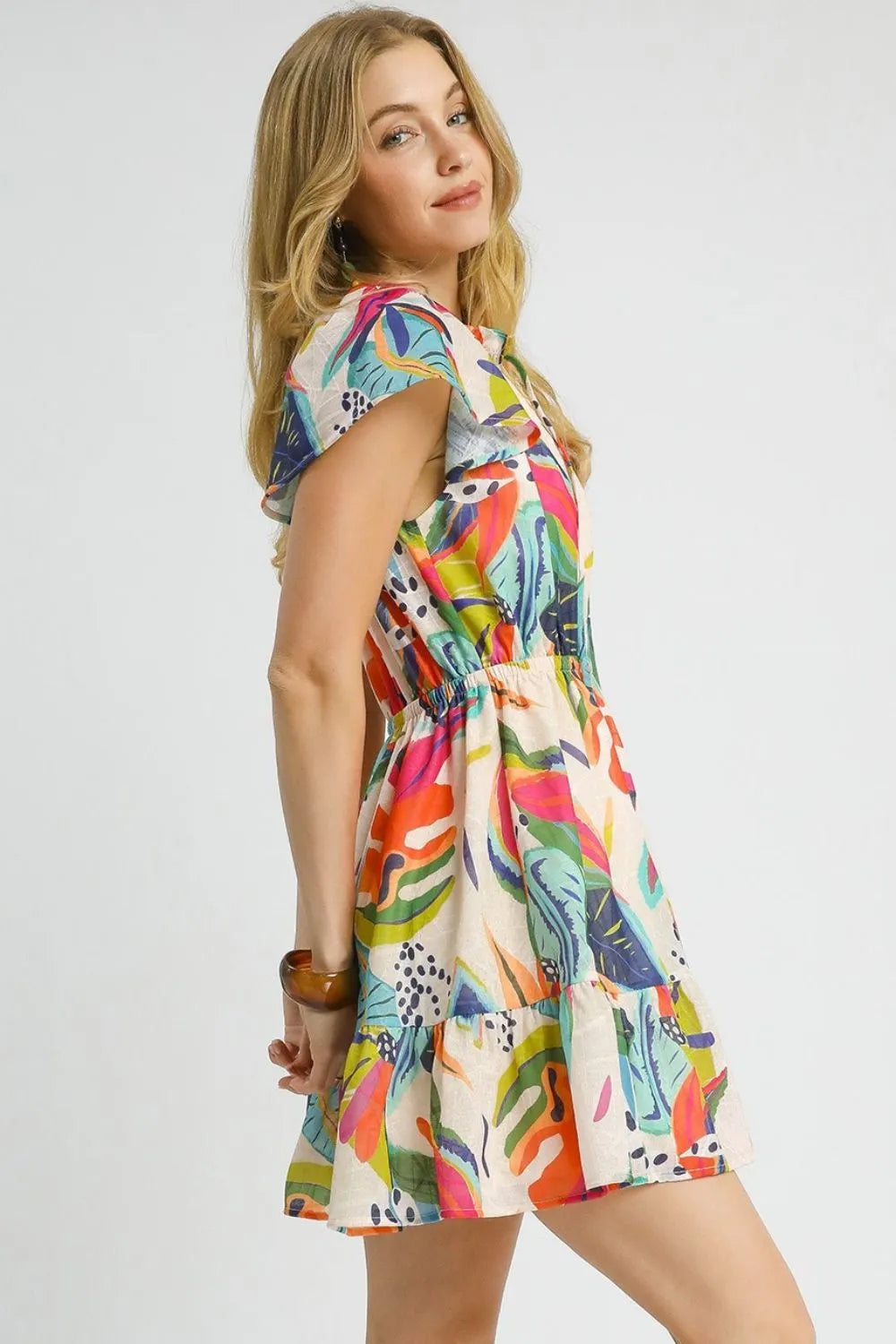 Umgee Printed Tie Neck Ruffled Hem Dress - Blushé Belle