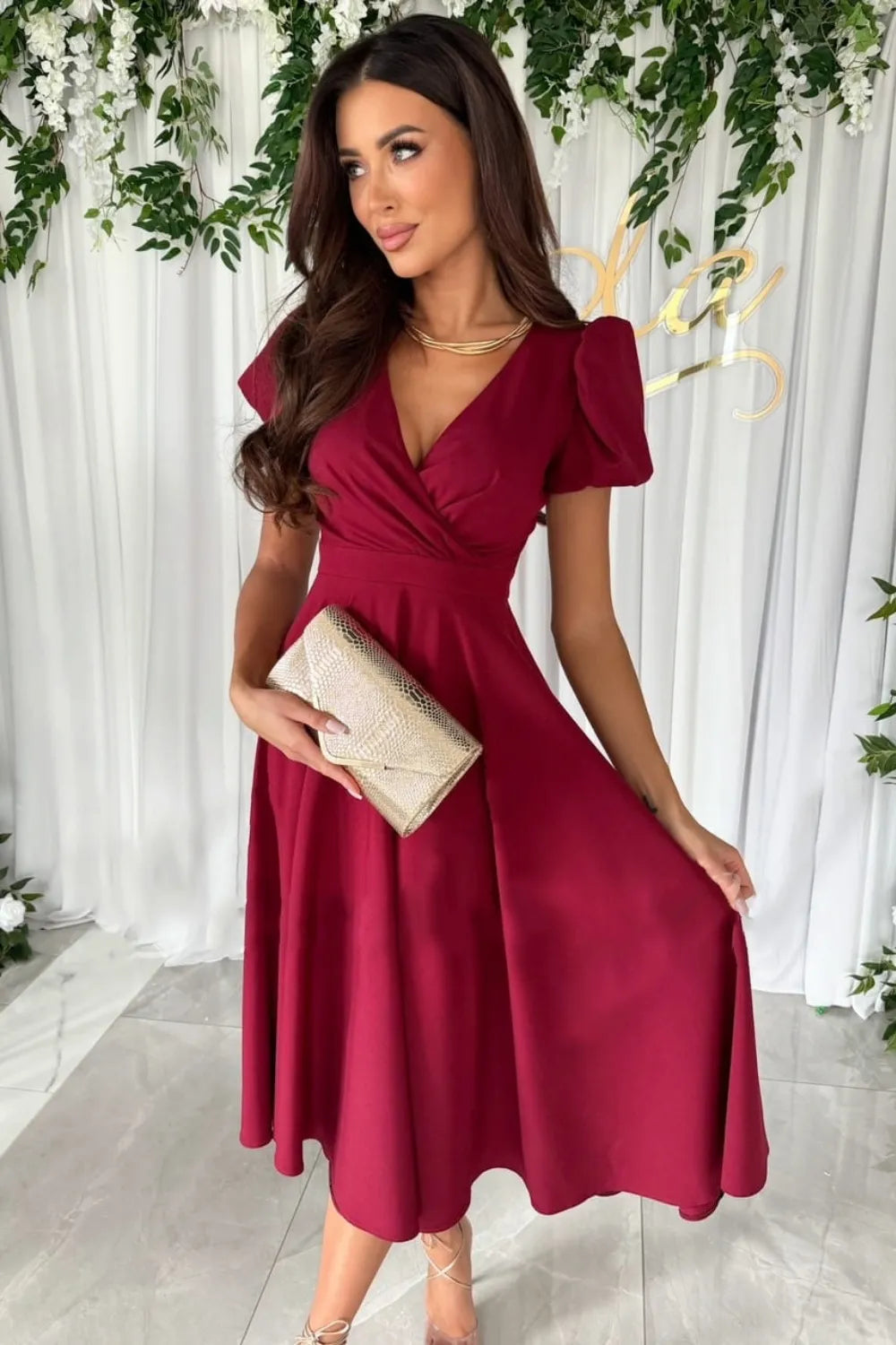 Surplice Puff Sleeve Midi Dress - Blushé Belle