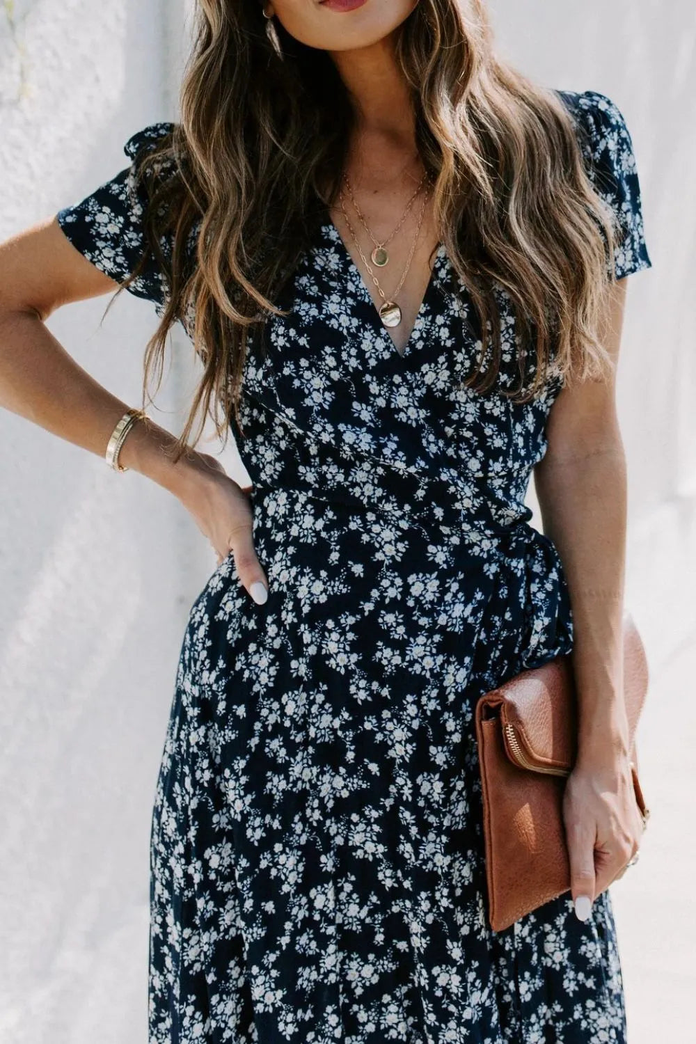 Floral Surplice Short Sleeve Dress - Blushé Belle