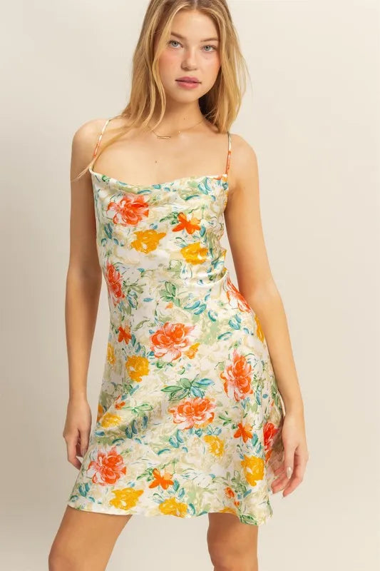 HYFVE Floral Cowl Neck Flirty Satin Mini Dress - Blushé Belle