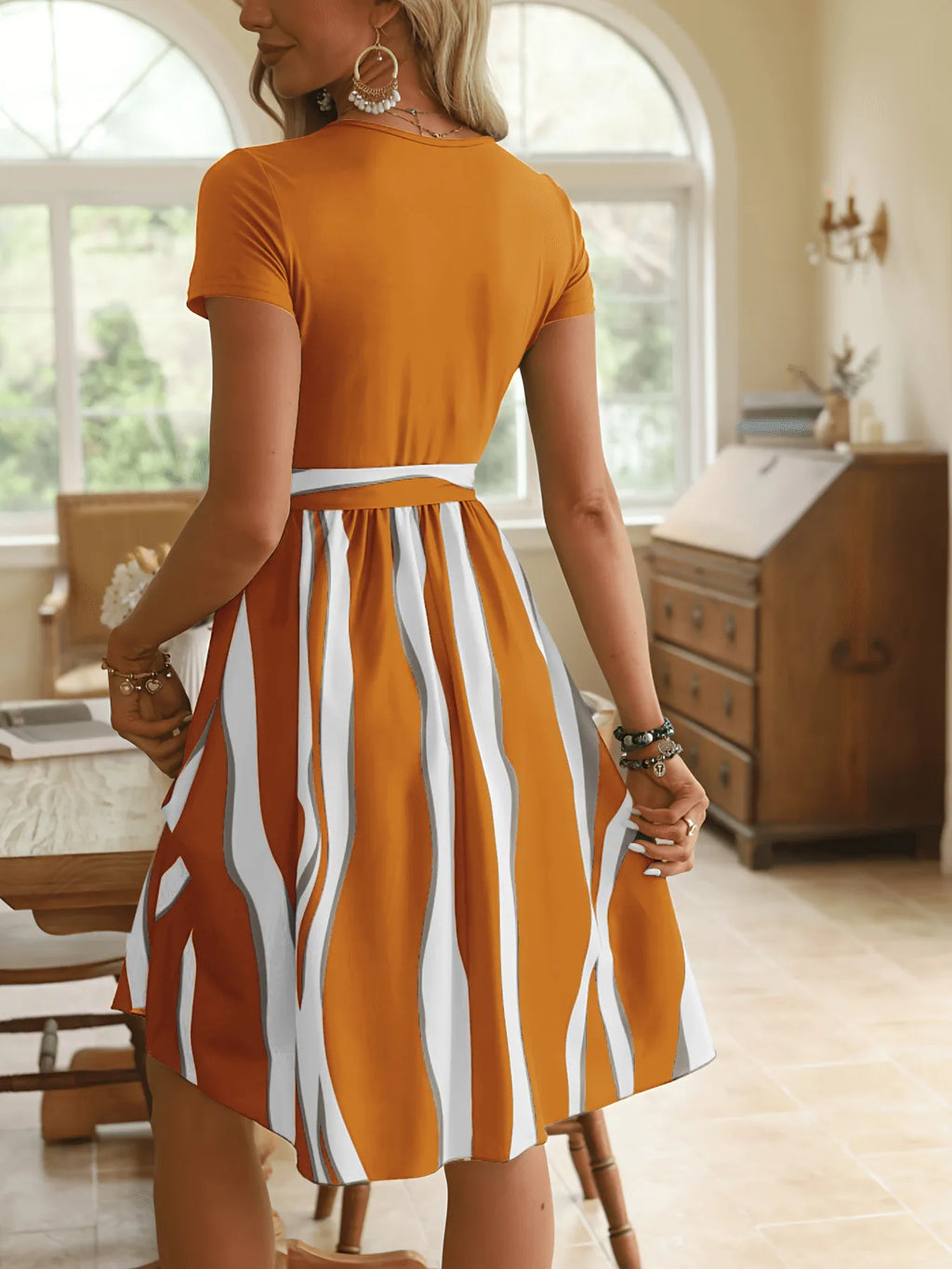 Striped Short Sleeve Tie Waist Dress - Blushé Belle