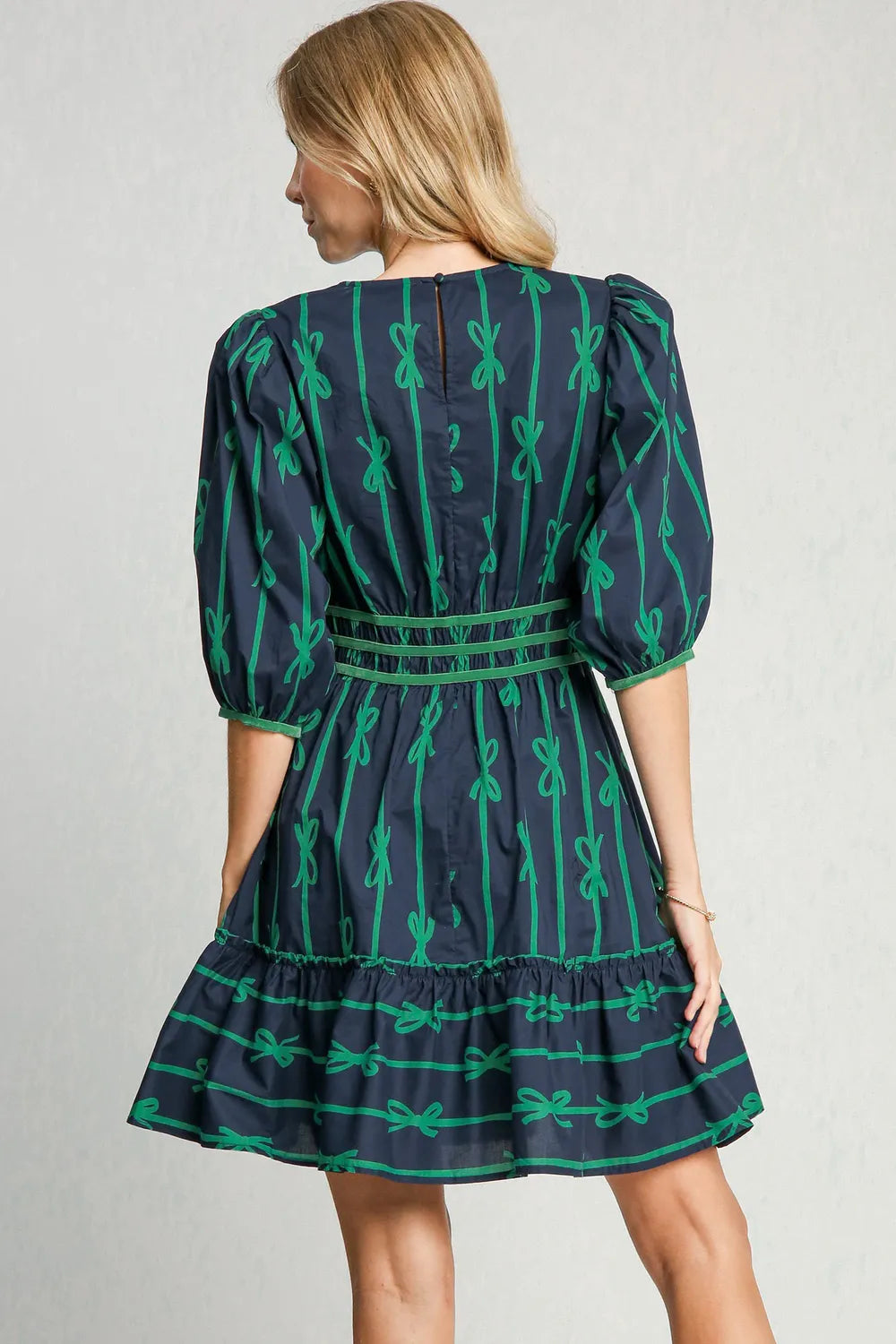 Umgee Ribbon Print Frill Contrast Velvet Trim Half Sleeve Dress - Blushé Belle