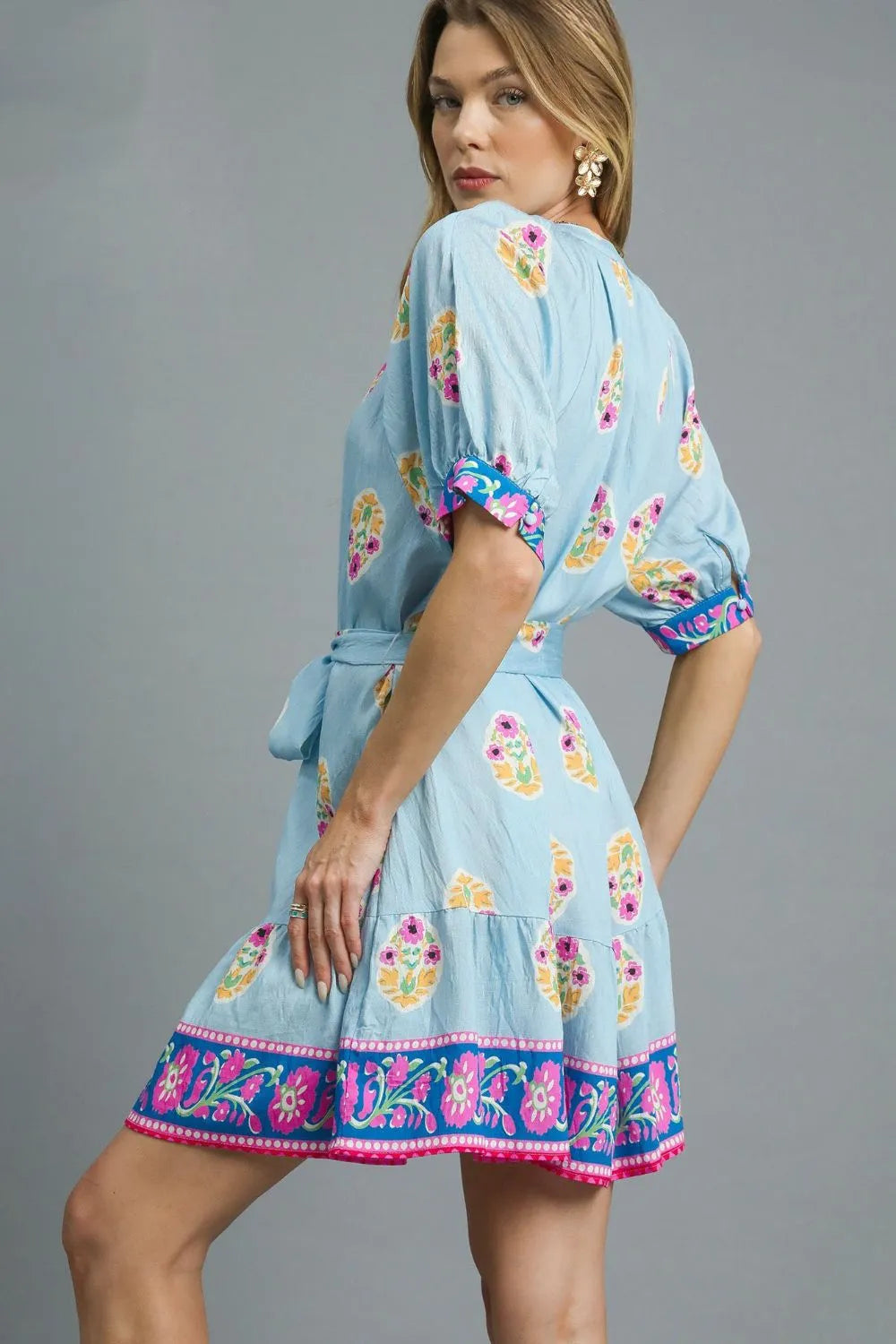 Umgee Floral Print Tie Waist Short Sleeve Dress - Blushé Belle