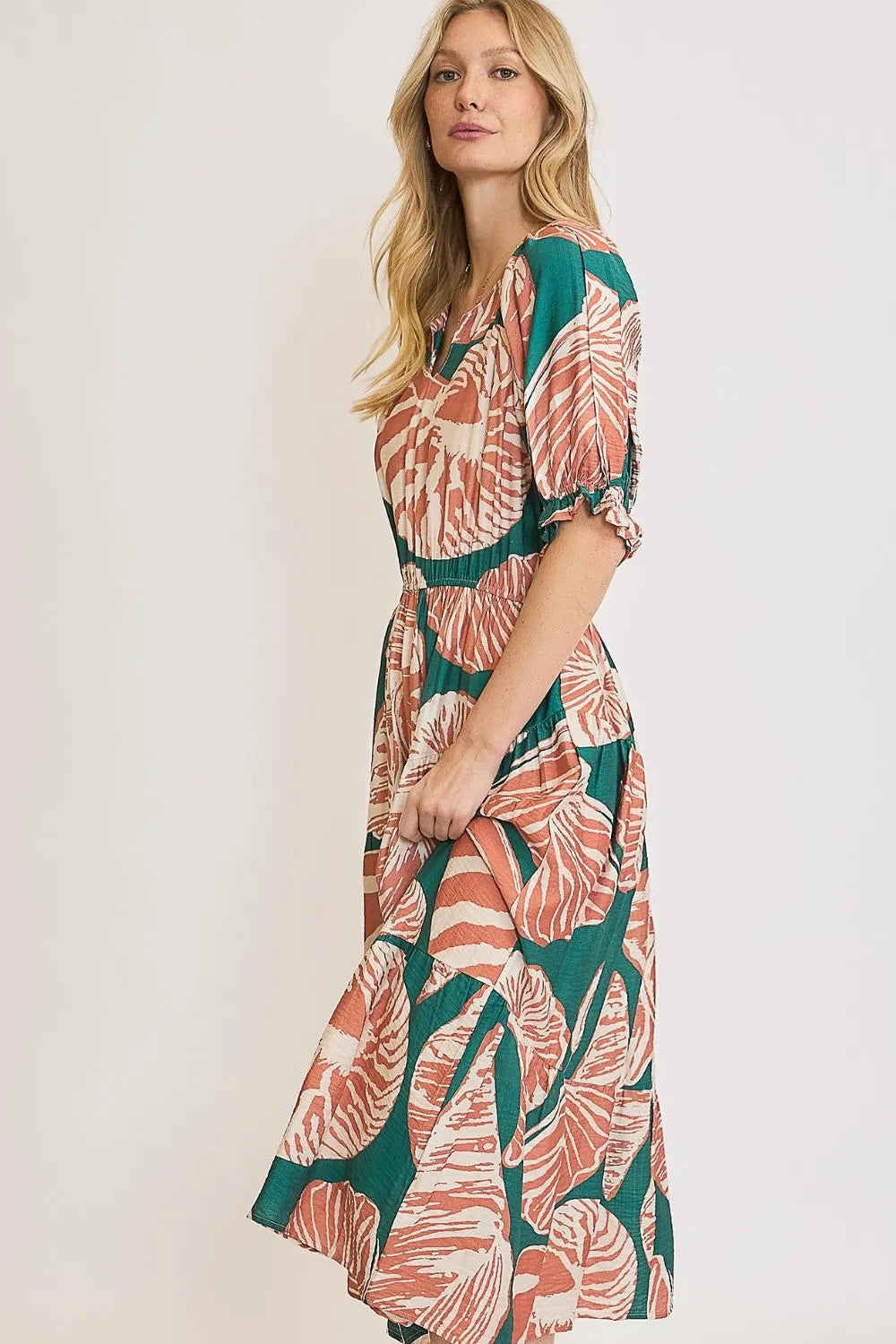 Umgee Full Size Printed Notched Puff Sleeve Midi Dress Plus Size - Blushé Belle