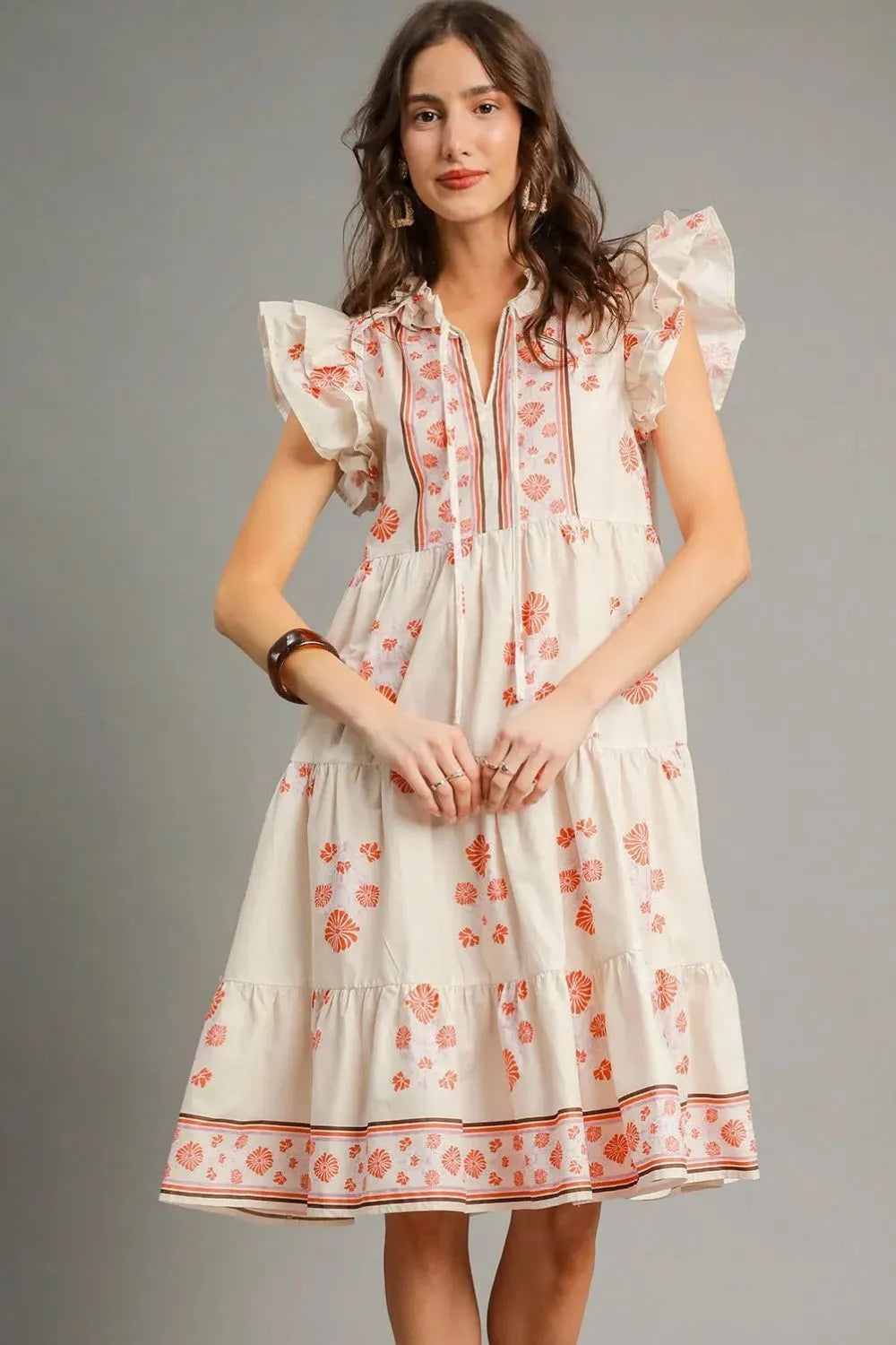 Umgee Printed Tie Neck Ruffle Cap Sleeve Dress - Blushé Belle