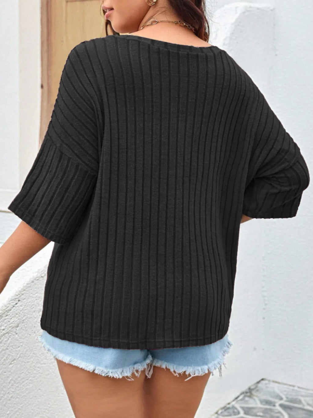 Plus Size V-Neck Ribbed Knit T-Shirt - Blushé Belle