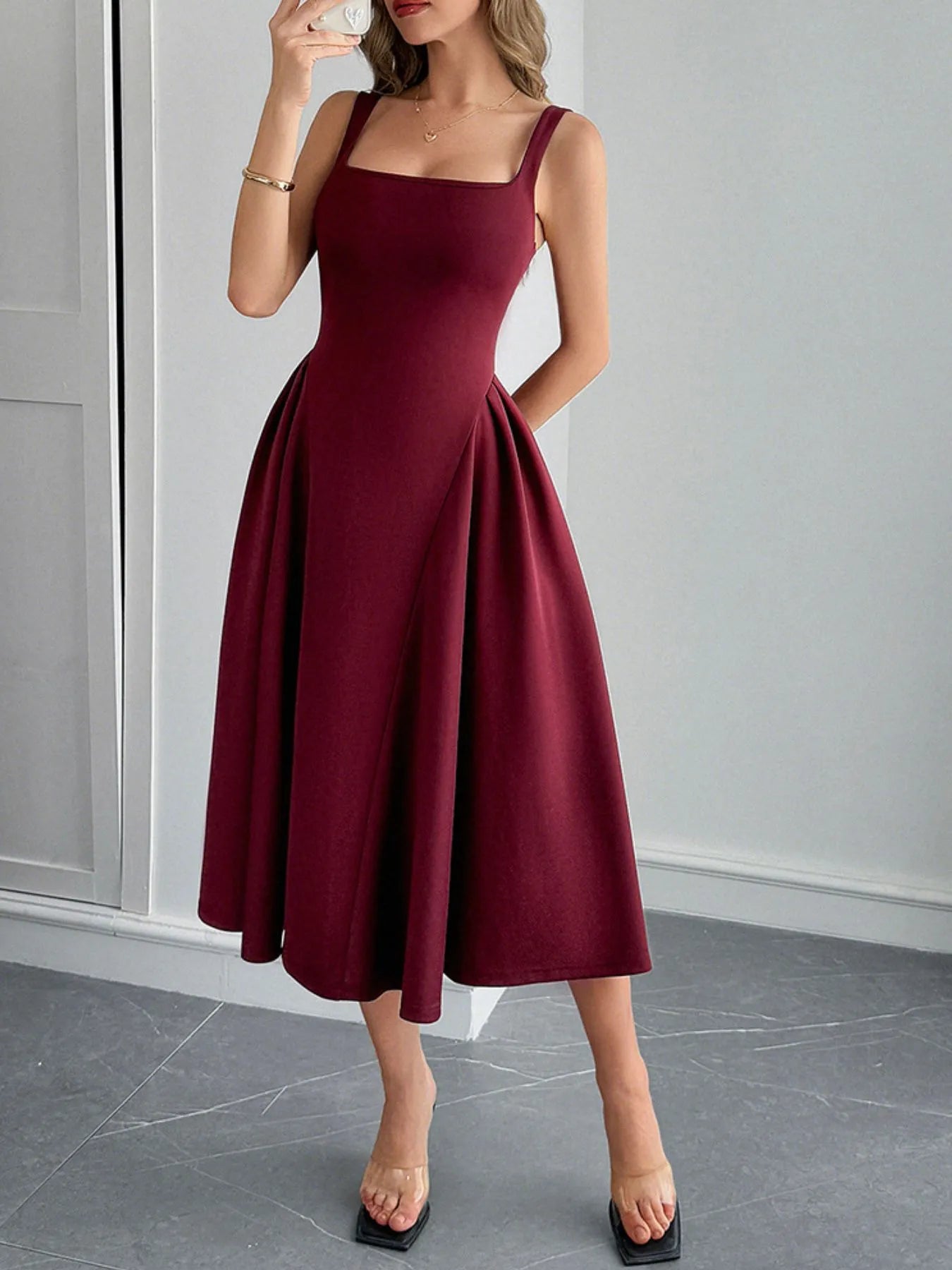 Square Neck Wide Strap Midi Dress - Blushé Belle