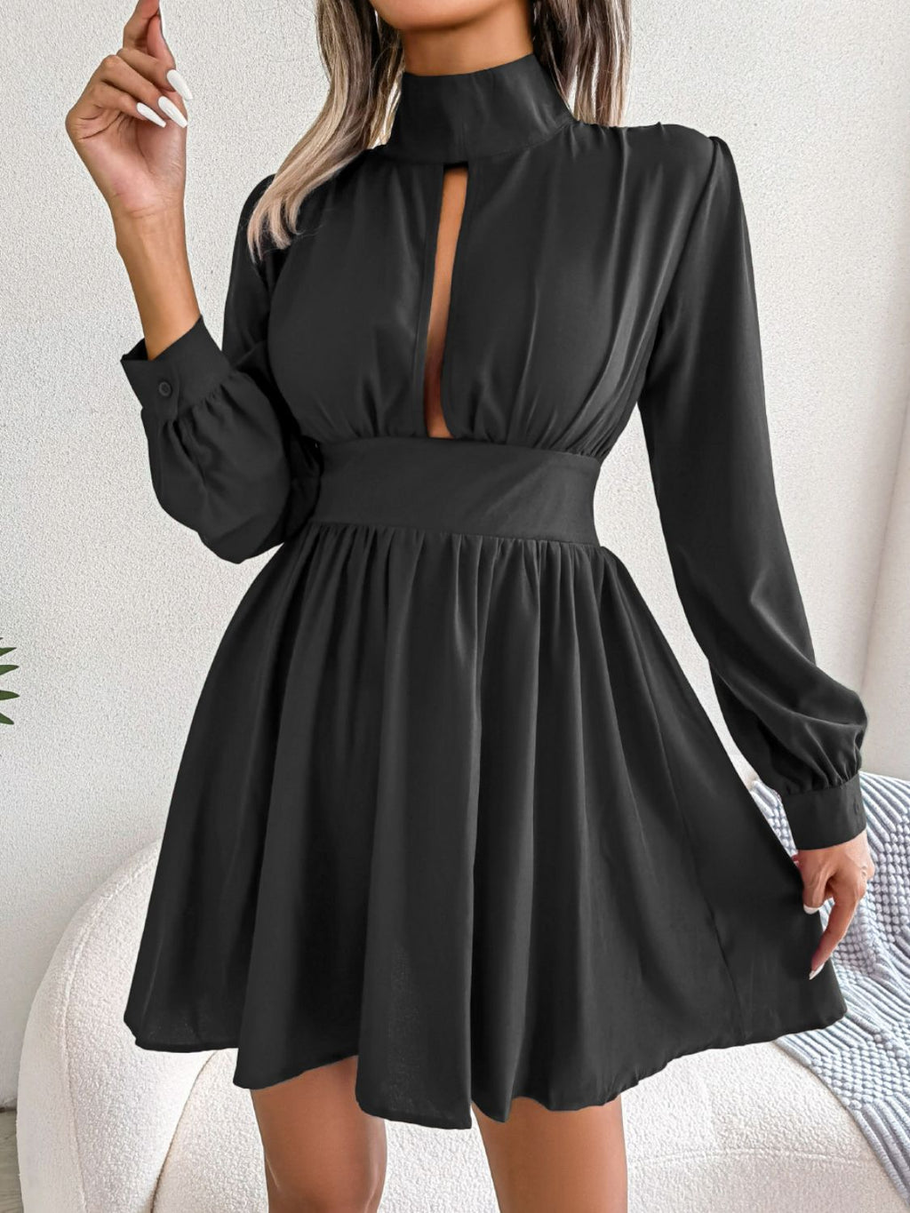 Cutout Turtleneck A-Line Mini Dress - Blushé Belle