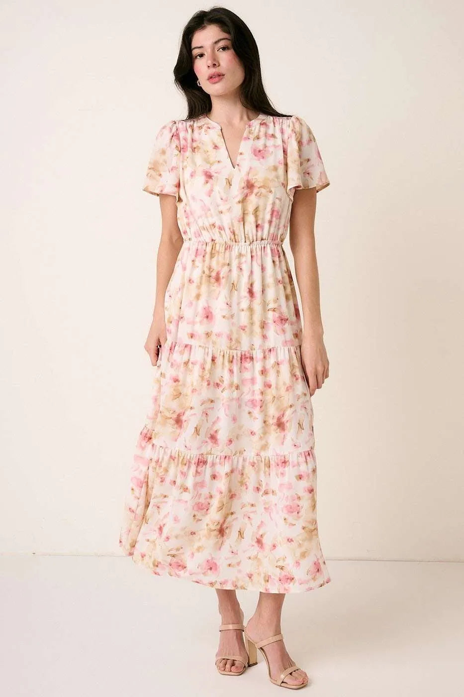 Mittoshop Flower Print Flutter Sleeve V Slit Maxi Dress - Blushé Belle