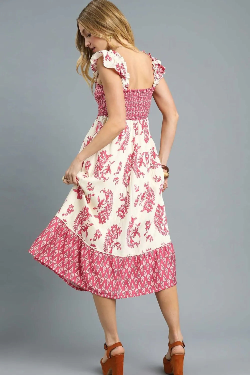 Umgee Printed Smocked Midi Dress with Ruffle Details - Blushé Belle