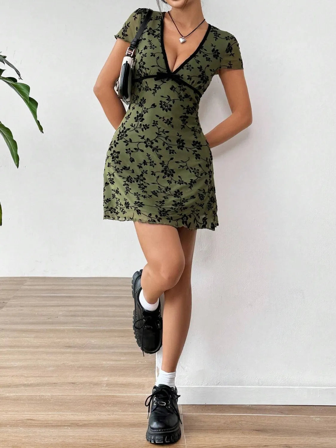 Printed V-Neck Short Sleeve Mini Dress - Blushé Belle