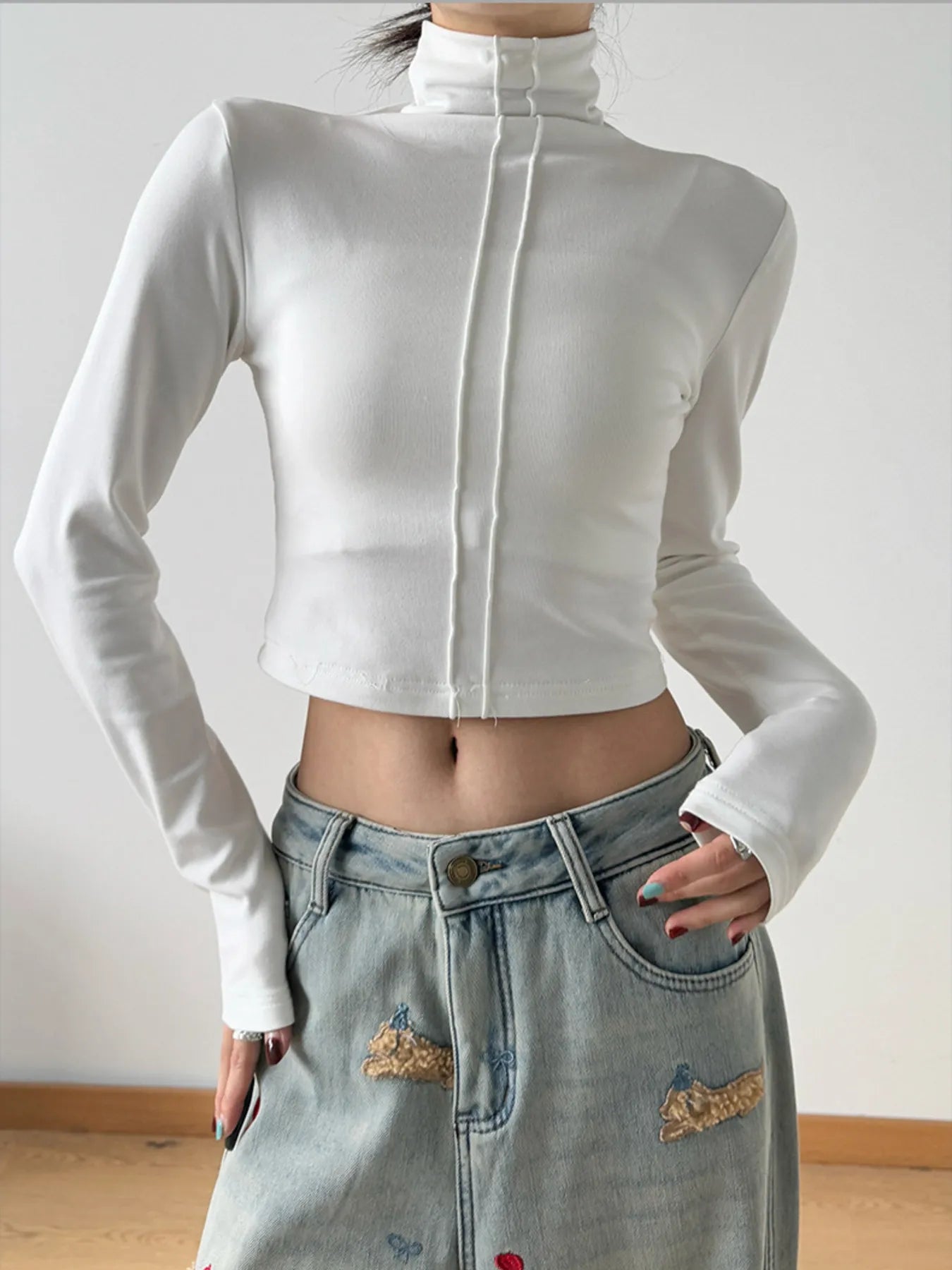 High Neck Long Sleeve Cropped T-Shirt - Blushé Belle