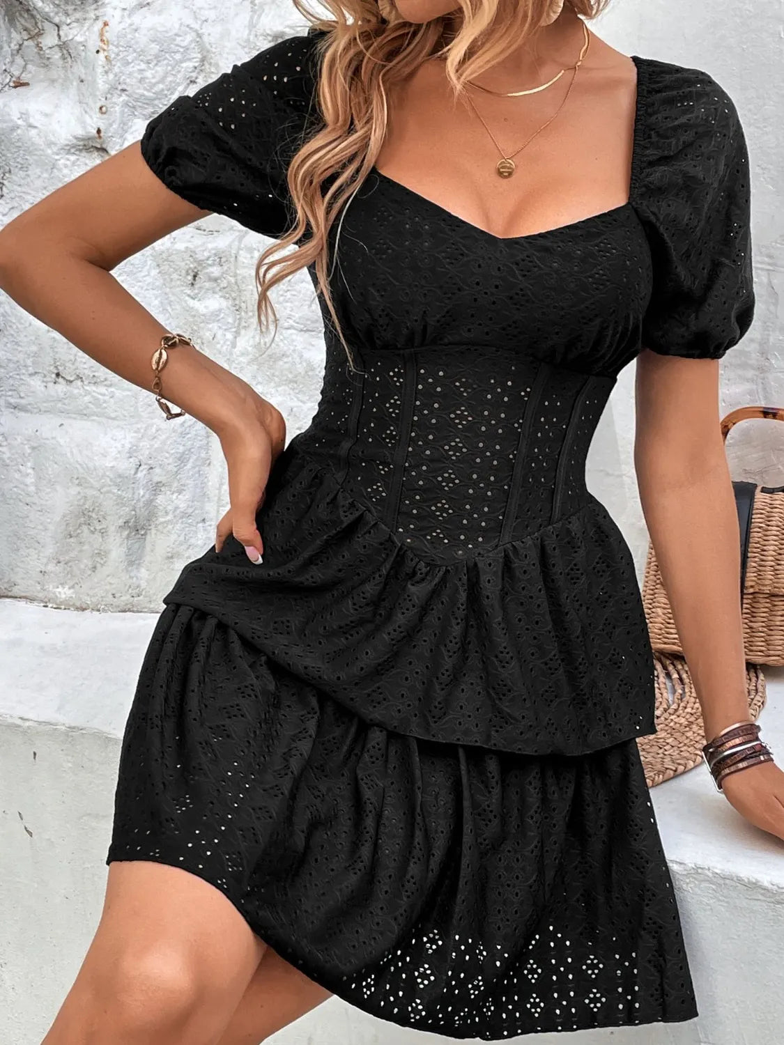Layered Eyelet Short Sleeve Mini Dress - Blushé Belle
