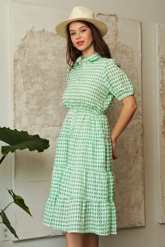 Davi & Dani Checkered Puff Sleeve Tiered Shirt Dress - Blushé Belle