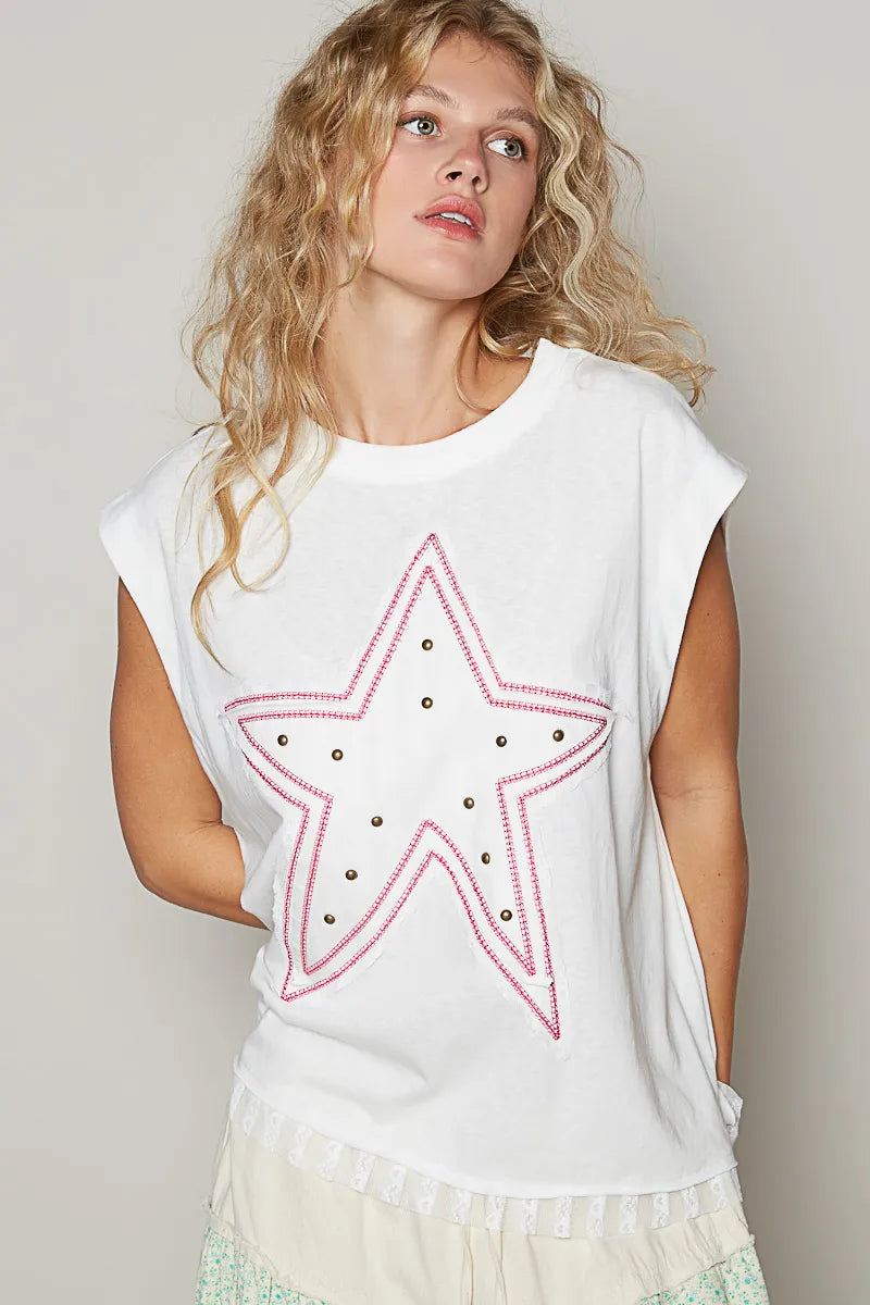 POL Star Patch Studded Sleeveless T-Shirt with Lace Hem - Blushé Belle