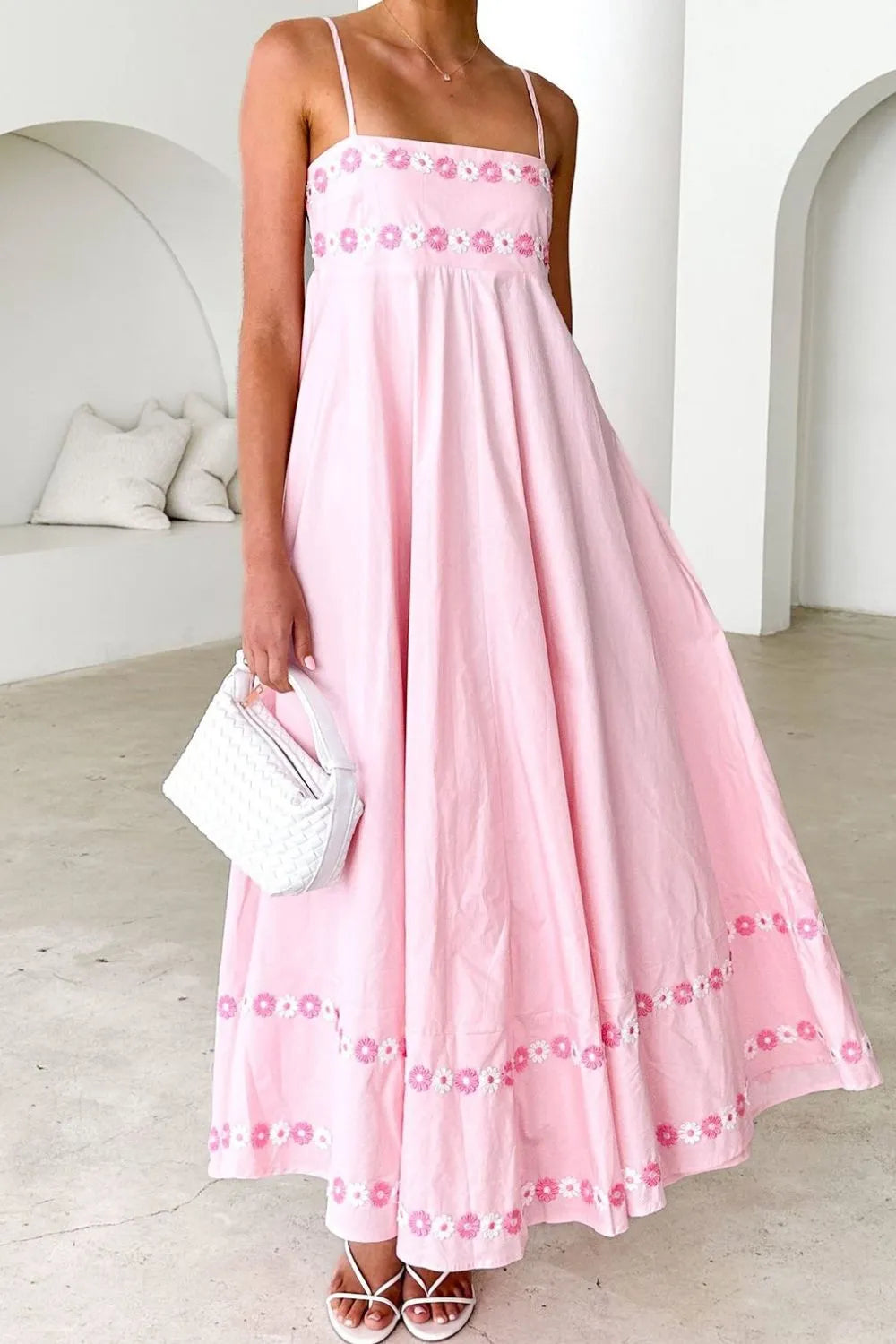 Floral Embroidered Spaghetti Strap Maxi Dress - Blushé Belle