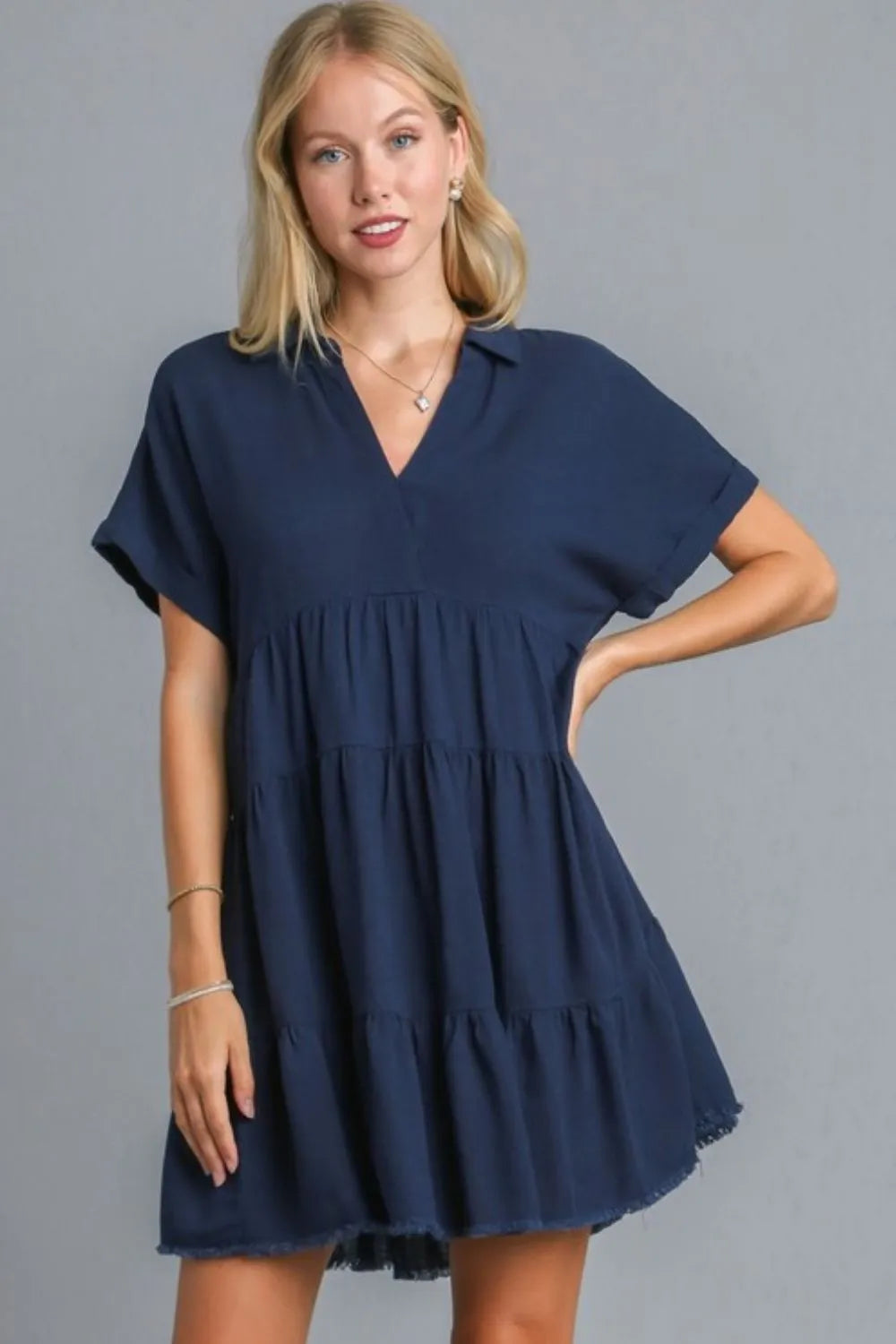 Umgee Full Size Raw Hem Folded Sleeve Tiered Dress Plus Size - Blushé Belle