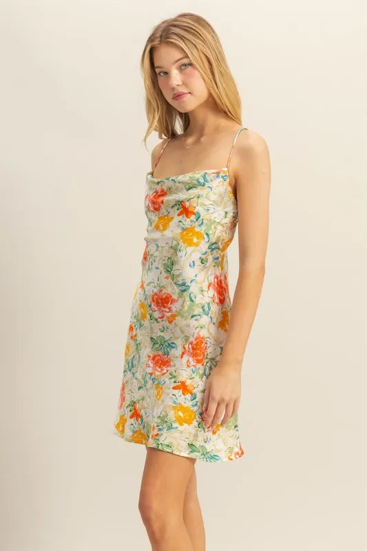 HYFVE Floral Cowl Neck Flirty Satin Mini Dress - Blushé Belle