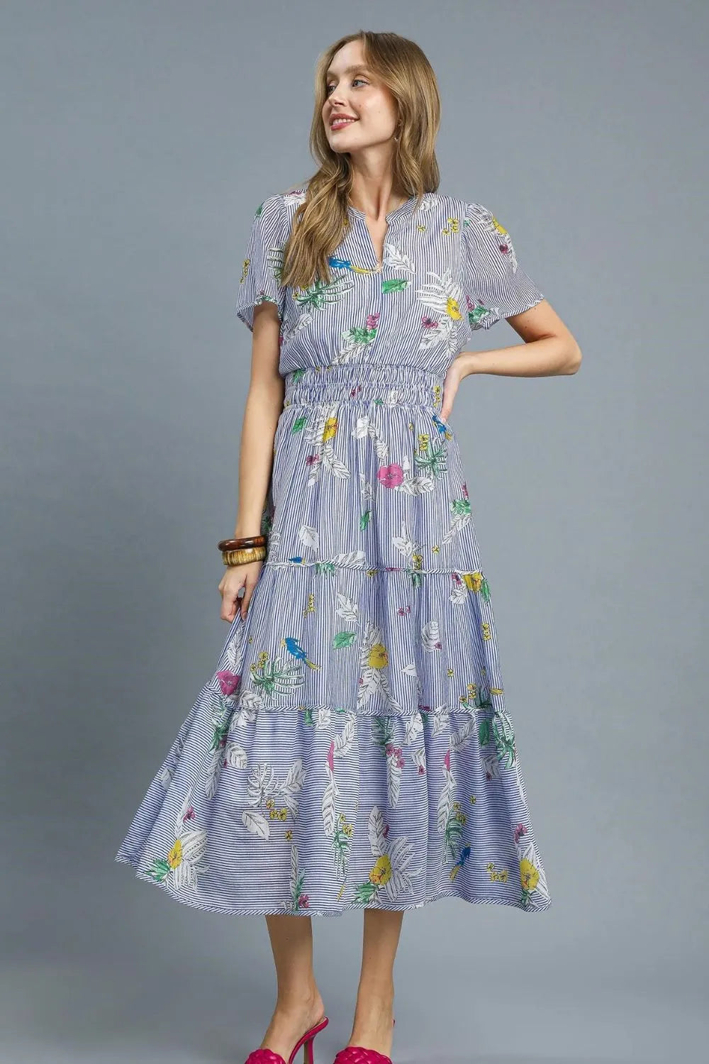 Umgee Smocked Waist Floral Short Sleeve Midi Dress - Blushé Belle