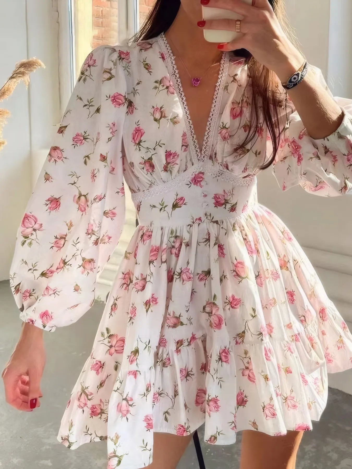 Full Size Floral Print Lace Detail V-Neck Mini Dress Plus SIze - Blushé Belle