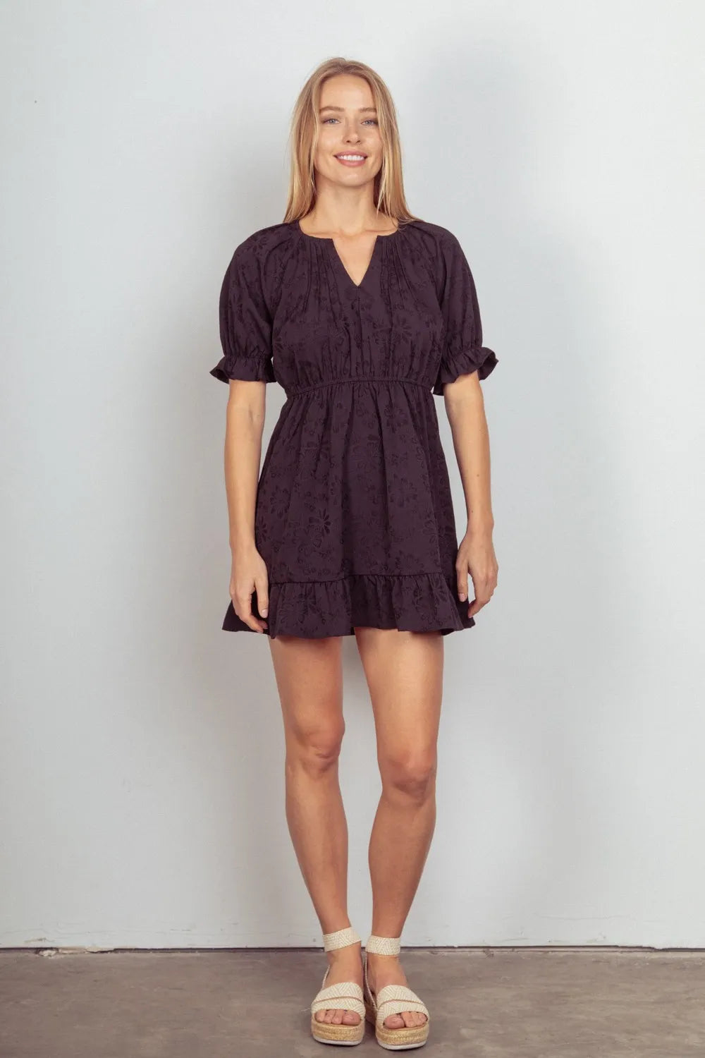 VERY J Floral Textured Woven Ruffled Mini Dress - Blushé Belle