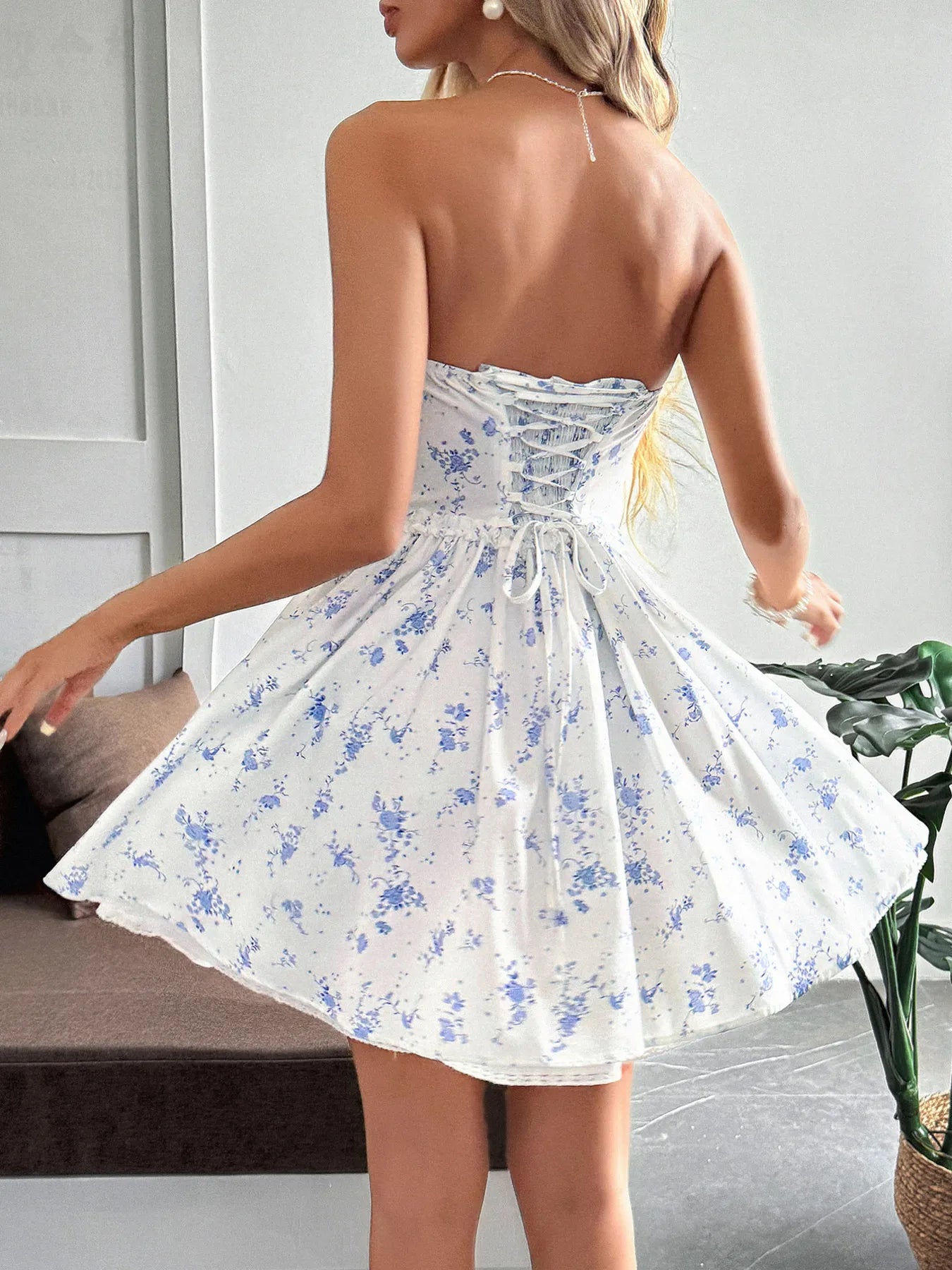 Lace Up Back Strapless Floral Mini Dress - Blushé Belle