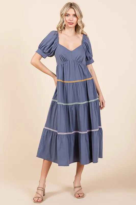 Lime 'N' Chili Trim Detail Puff Sleeve Tiered Maxi Dress - Blushé Belle